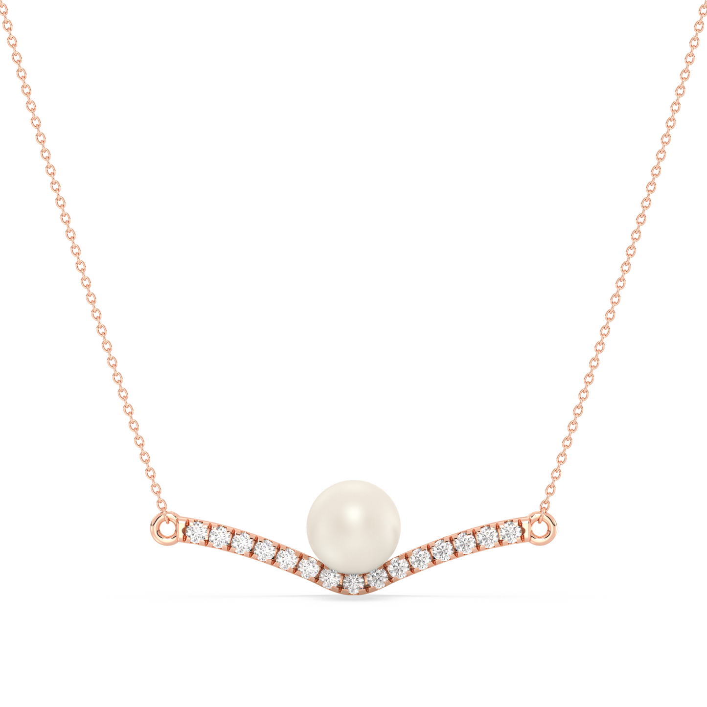 Necklace with a pearl and small diamonds rose gold on a white background