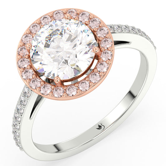 Halo Ring, Brilliant Round Cut, Pink, Lab Grown Diamonds, Halo, Solid 9K, Solid Sterling Silver, White Gold-Rose Gold, Two-Tone, Engagement, Proposal, Engrave, Solitaire
