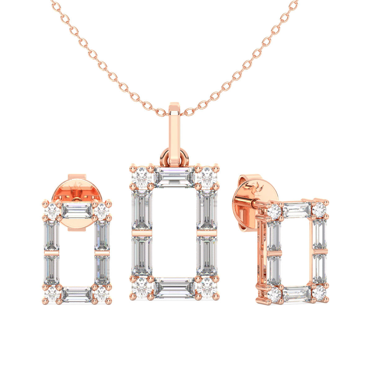 Rose gold and silver jewelry set with necklace, pendant, and earrings on a white background