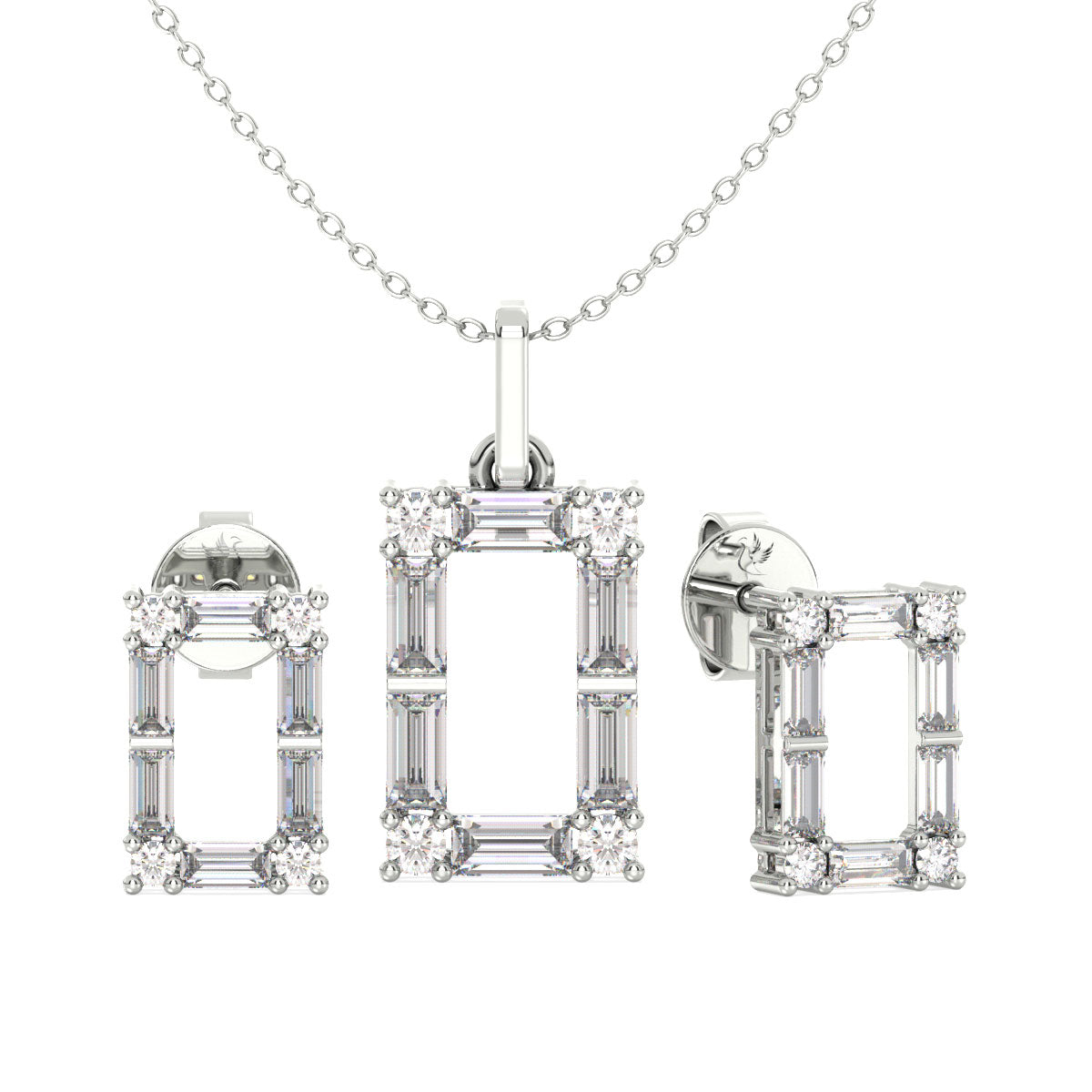 Diamond jewelry set with necklace, earrings, and ring on a white background