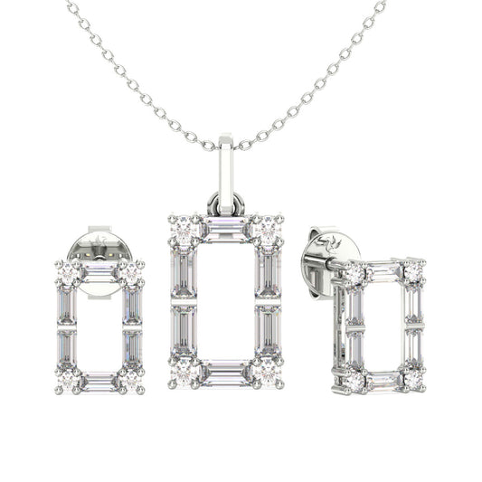 Diamond jewelry set with necklace, earrings, and ring on a white background