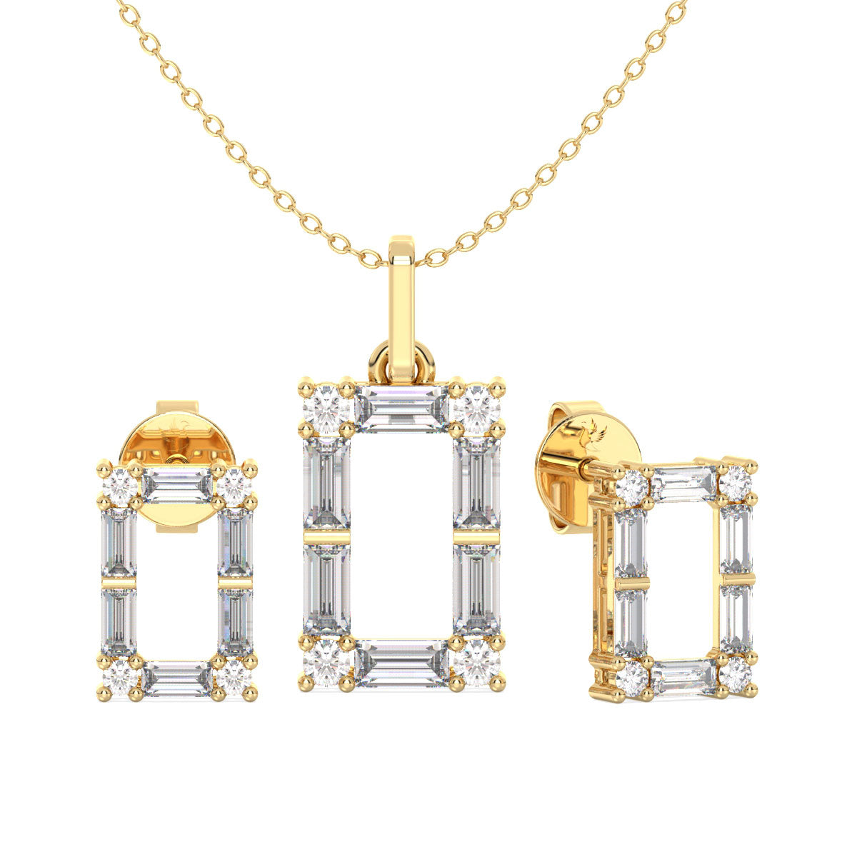 Gold and diamond jewelry set on a white background