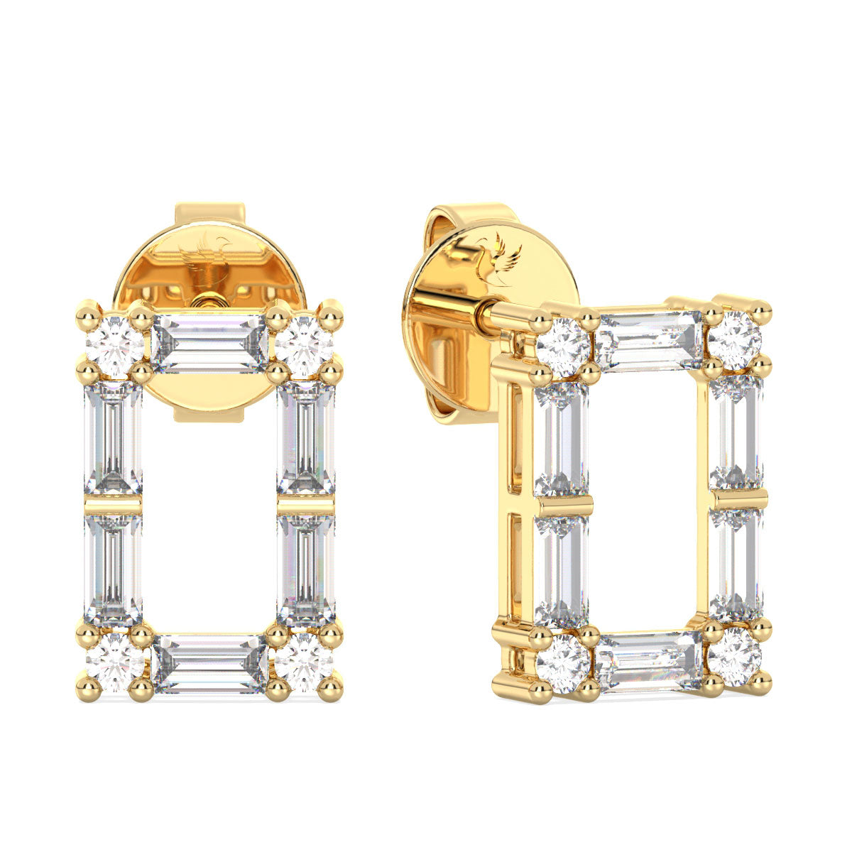 Yellow Gold baguette and round rectangular earrings with diamond accents on a white background