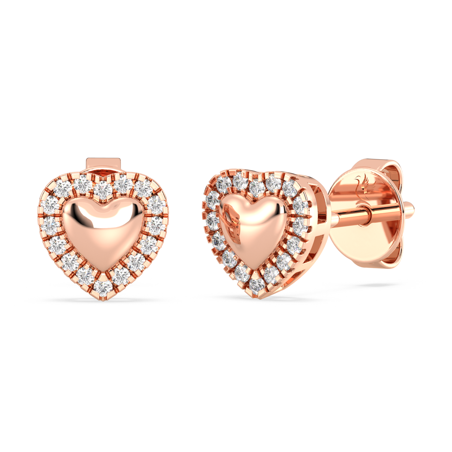 Rose gold heart-shaped earrings with diamond accents on a white background