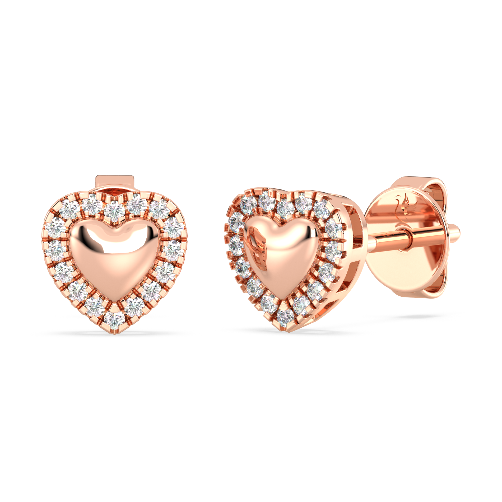 Rose gold heart-shaped earrings with diamond accents on a white background