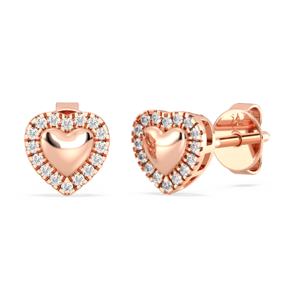 Rose gold heart-shaped earrings with diamond accents on a white background