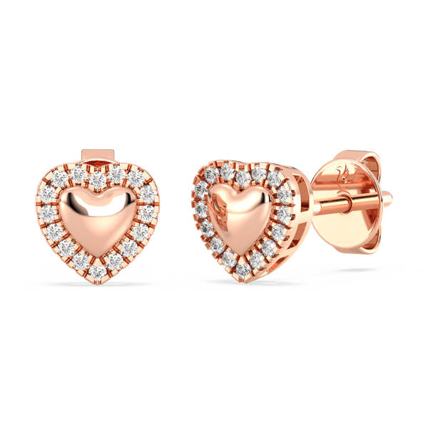 Rose gold heart-shaped earrings with diamond accents on a white background