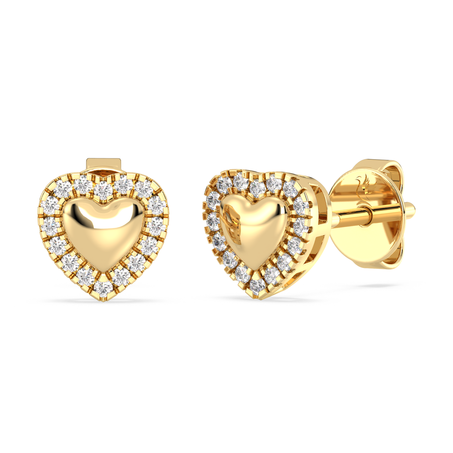 Gold heart-shaped earrings with diamond accents on a white background