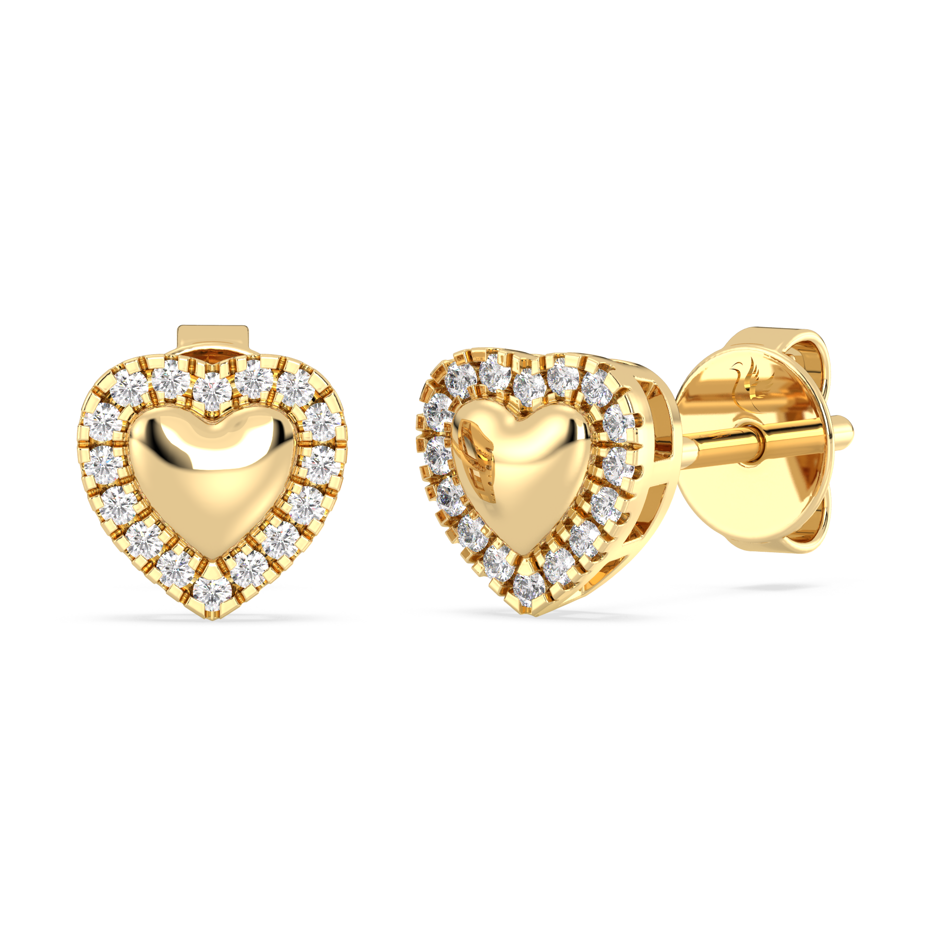 Gold heart-shaped earrings with diamond accents on a white background