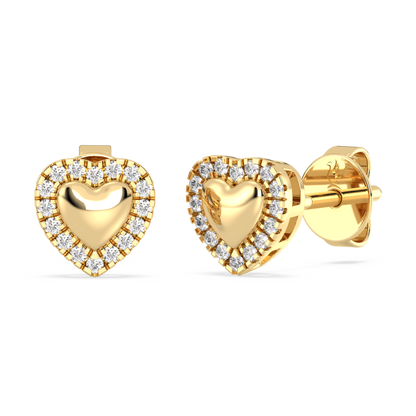 Gold heart-shaped earrings with diamond accents on a white background