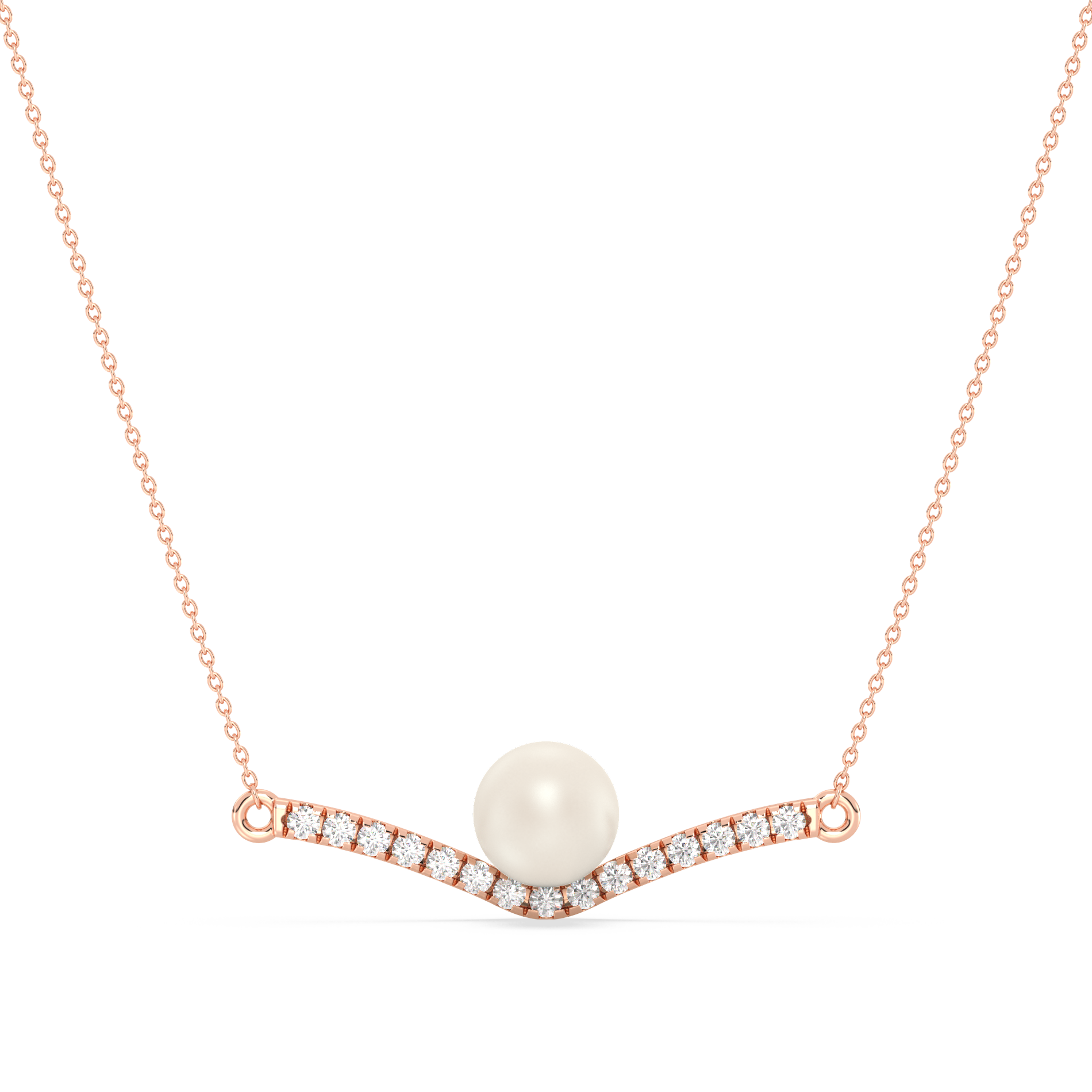 Necklace with a pearl and small diamonds rose gold on a white background