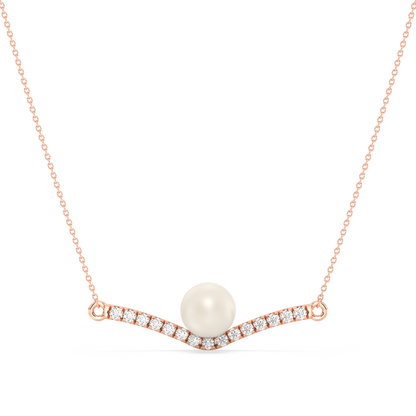 Necklace with a pearl and small diamonds rose gold on a white background