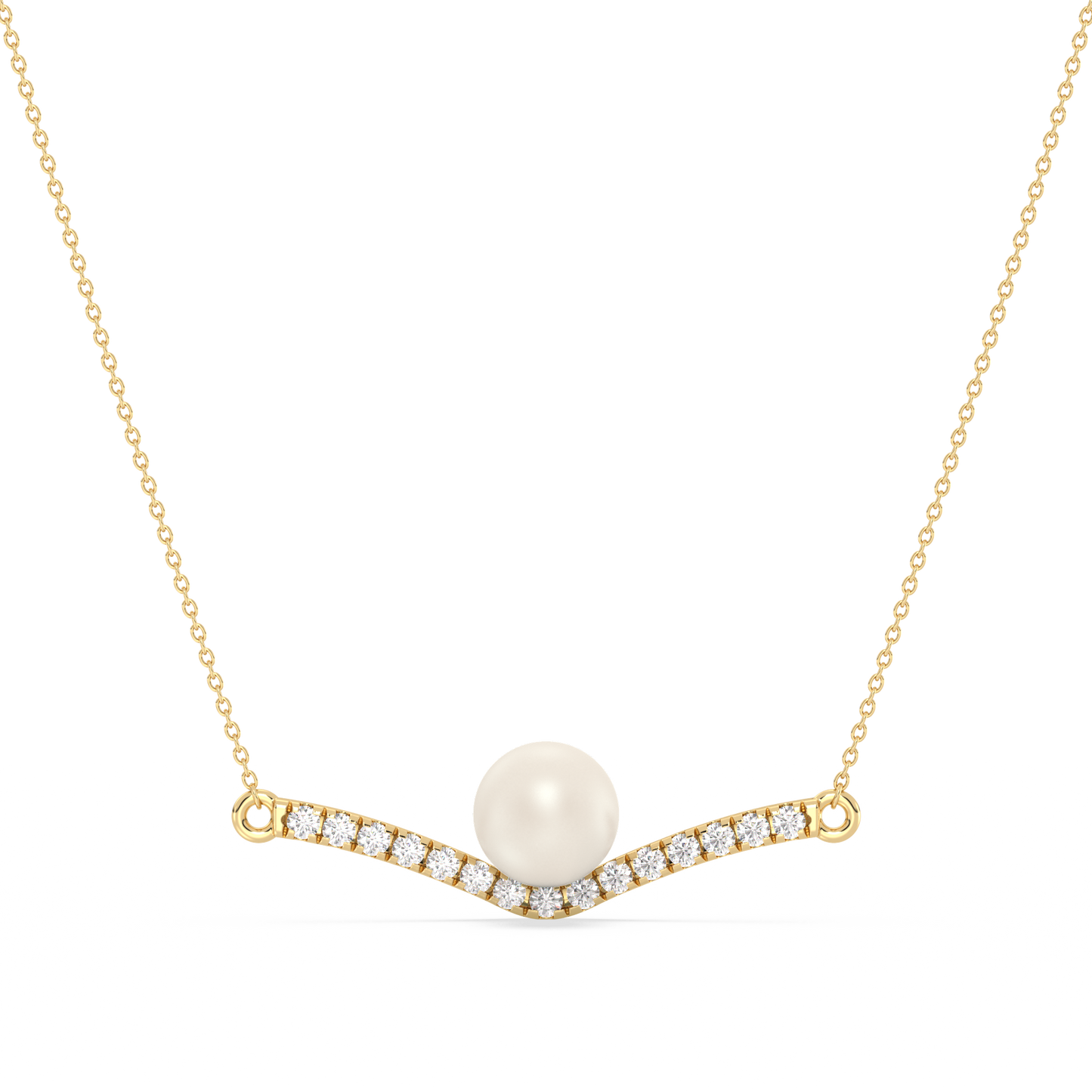 Gold necklace with a pearl and small diamonds on a white background