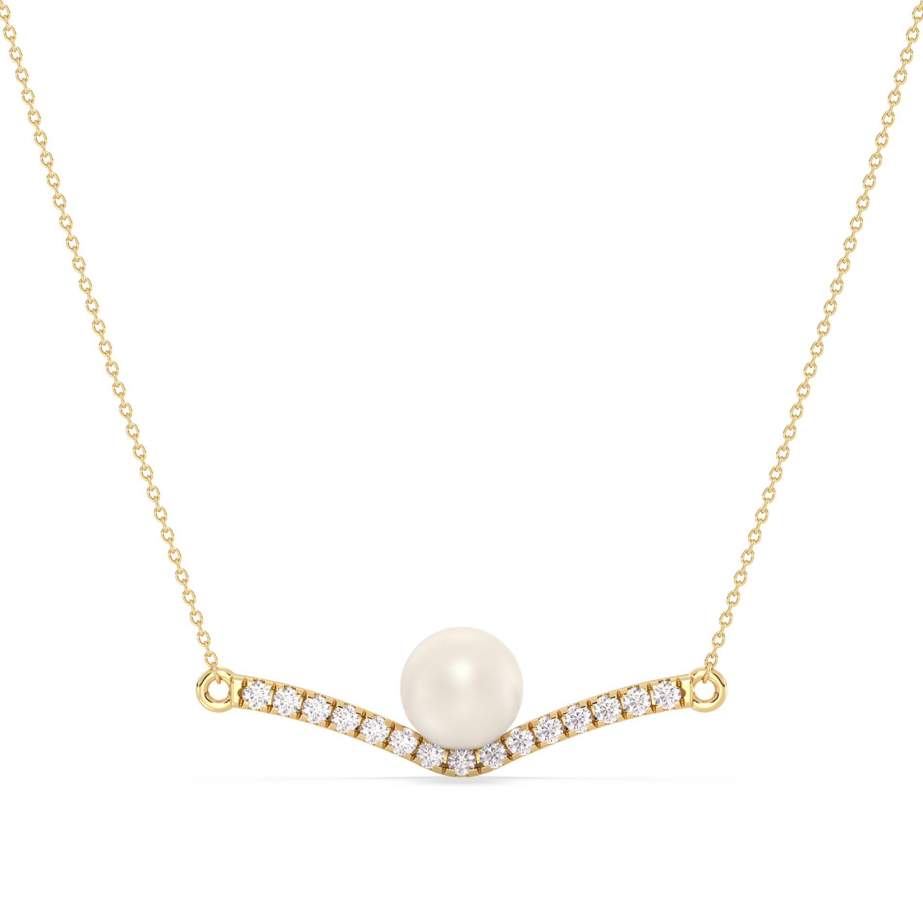 Gold necklace with a pearl and small diamonds on a white background