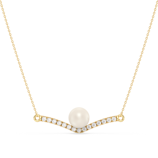Gold necklace with a pearl and small diamonds on a white background
