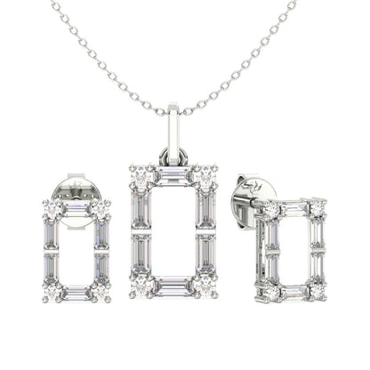 Diamond jewelry set with necklace, earrings, and ring on a white background