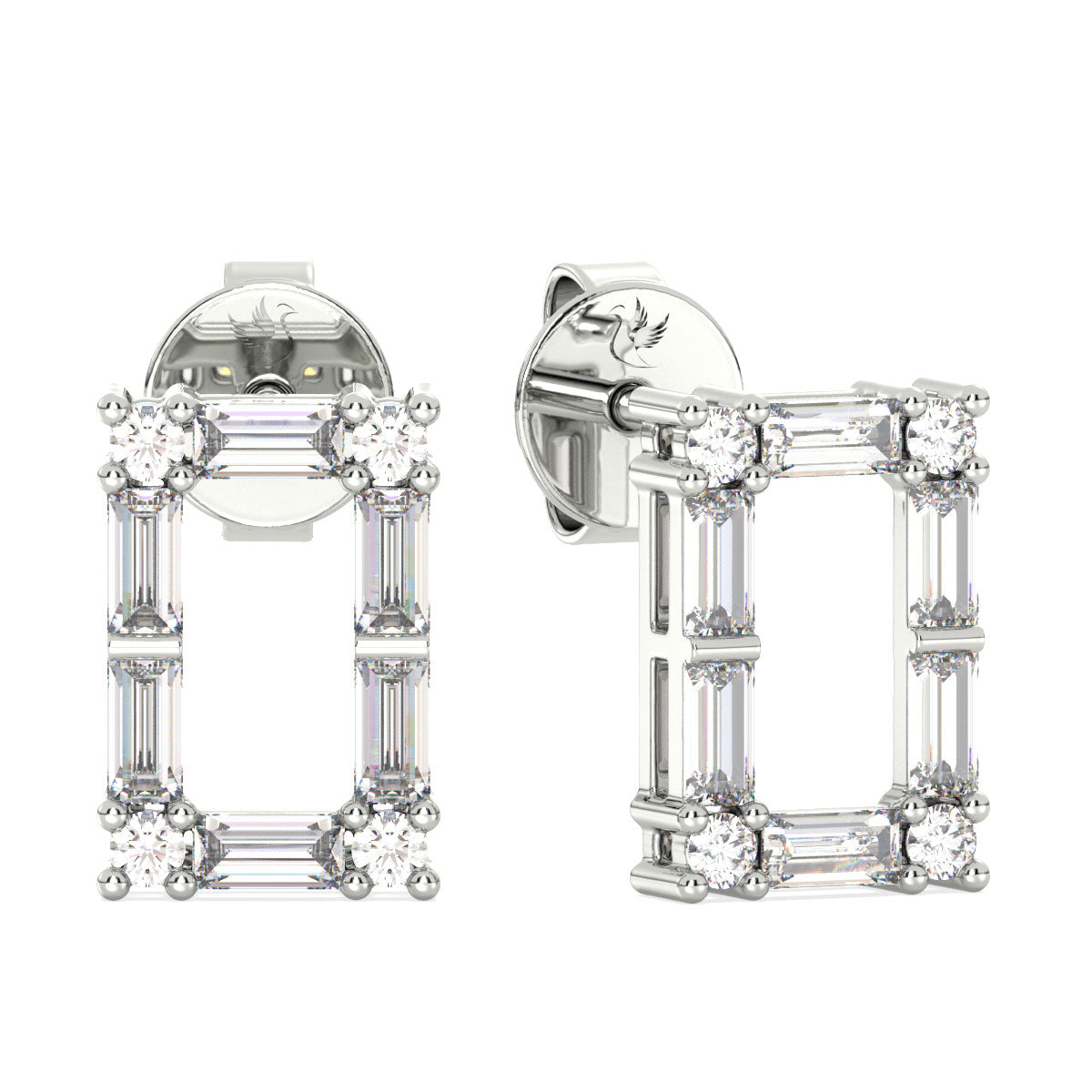 Rose Gold baguette and round rectangular earrings with diamond accents on a white background