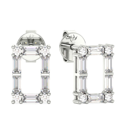 Rose Gold baguette and round rectangular earrings with diamond accents on a white background